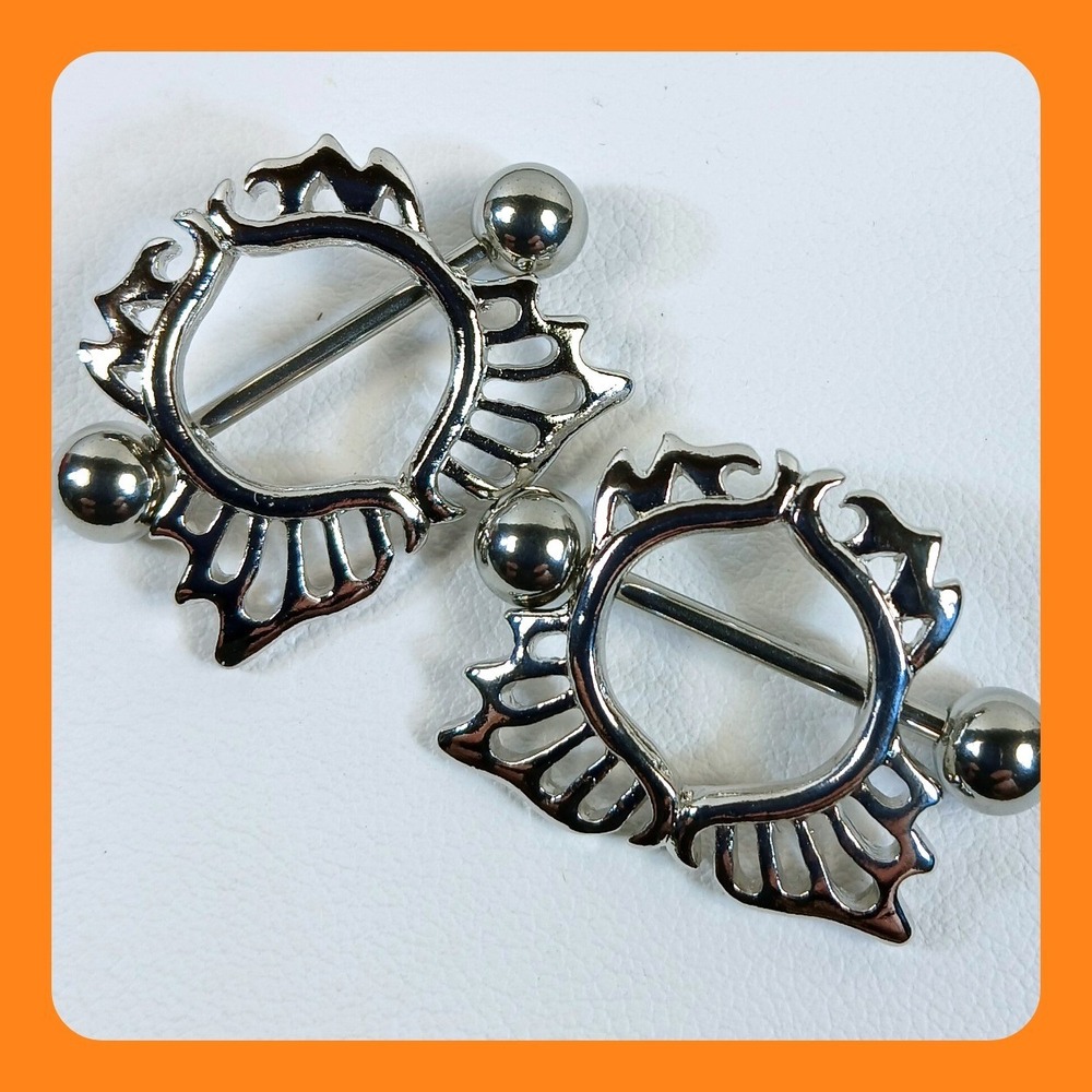 Vintage 1990s 316L Surgical Steel 14G Filigree Fan Nipple Shields Pair Silver